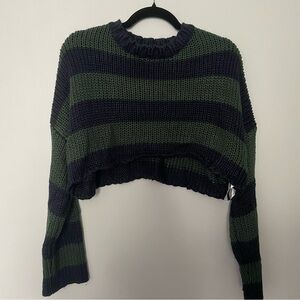 Edikted Women’s Striped Green and Navy Cropped Knitted Sweater